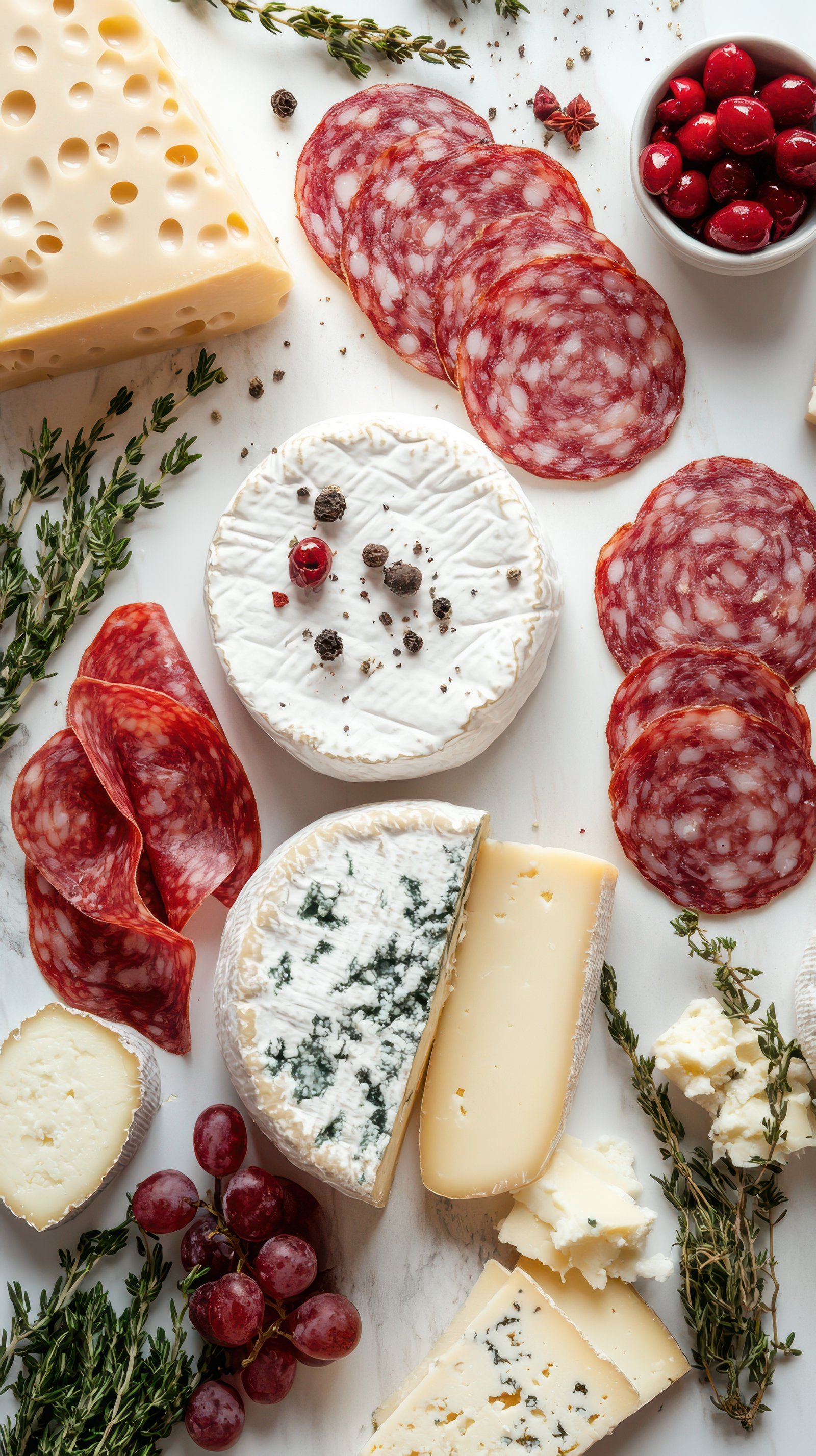 Cheese and cured meat platter featuring various cheeses, salami, and fresh herbs arranged on a marble background
